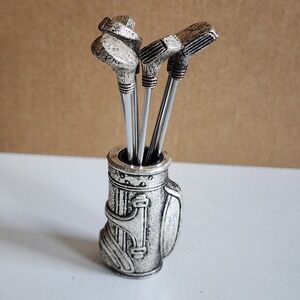 Golf Club Cocktail Picks Set w Holder Vintage Barware Appetizer Forks Retro
